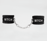 Love In Leather Diamante Bitch Fluffy Wrist Restraints - Black - Cuffs And Restraints